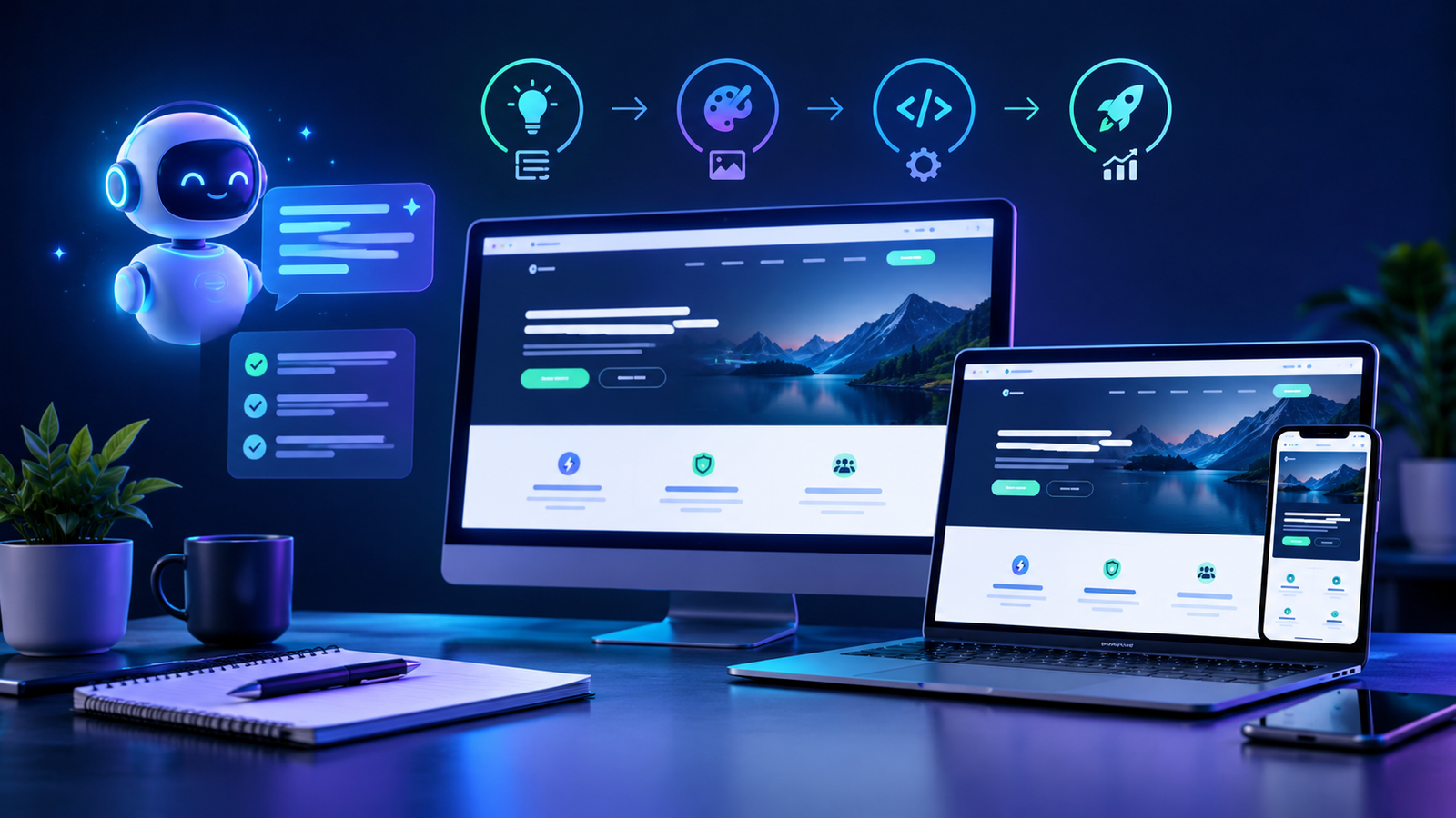 AI assistant helping create a responsive website across desktop, laptop, and smartphone
